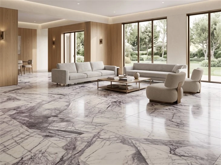 Large-format Lilac Marble floor tiles with visible joints installed in a luxury custom home living room